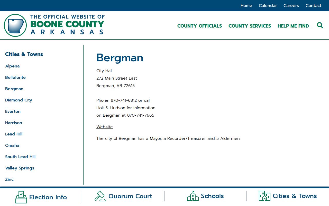 Boone County government Bergman page with City Hall address
