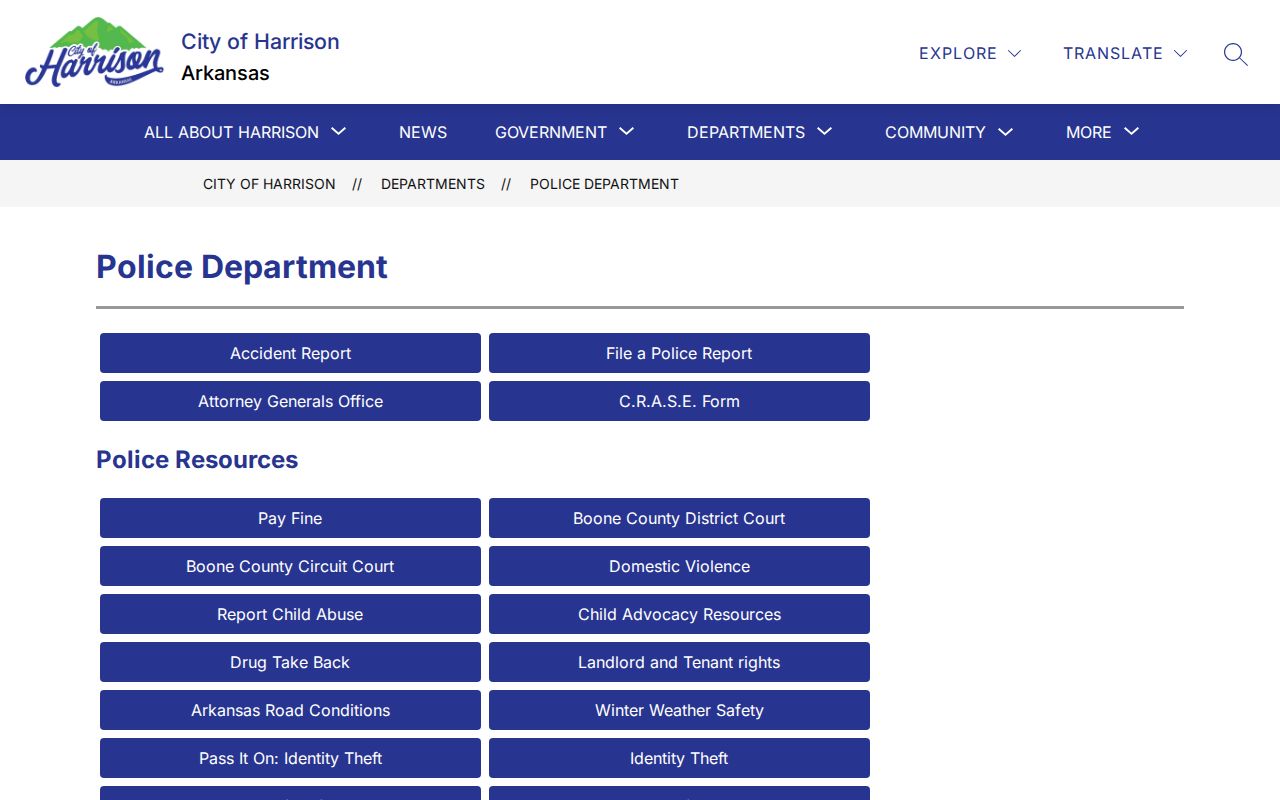 Boone County criminal records Harrison Police Department page